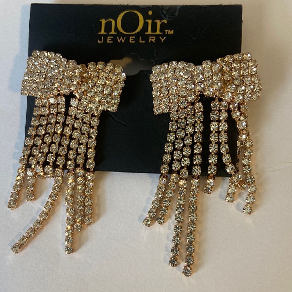 Noir Rhinestone Bow Dangling Earrings New Formal Prom